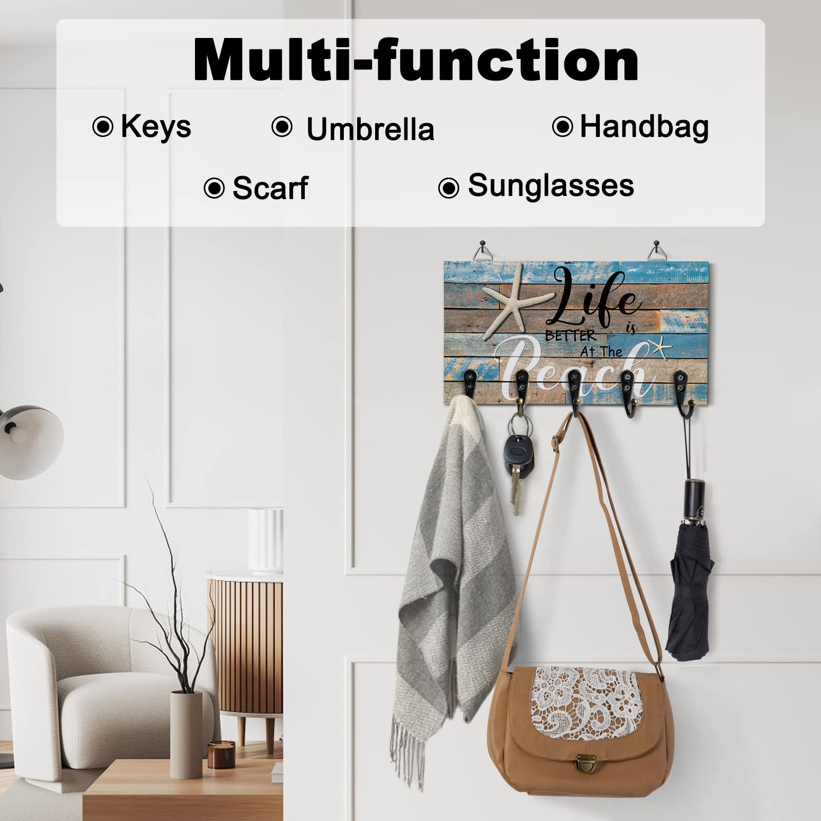 Ocean Beach Starfish Wood Wall Mounted Key Holder With 5 Hooks - Hang Keys, Dog Leash, Sunglasses - Summer Farmhouse Navy Blue Rack Organizer for Home, Entryway, Hallway