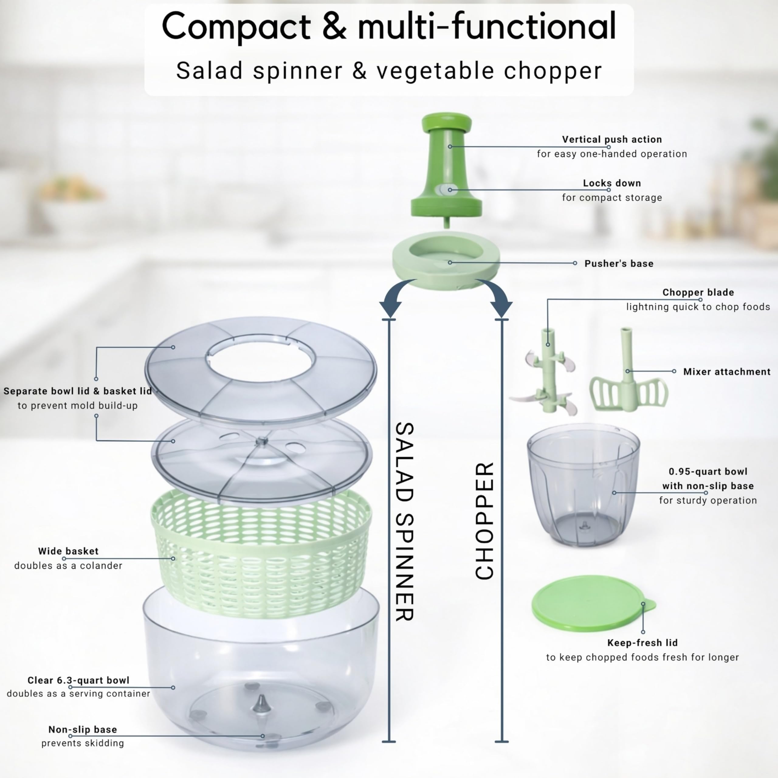 Brieftons Centrifugador y picador de ensalada: secadora grande de verduras de lechuga de 6 litros, con mezclador picador de verduras de 0,9 litros, almacenamiento compacto, fácil operación de empuje