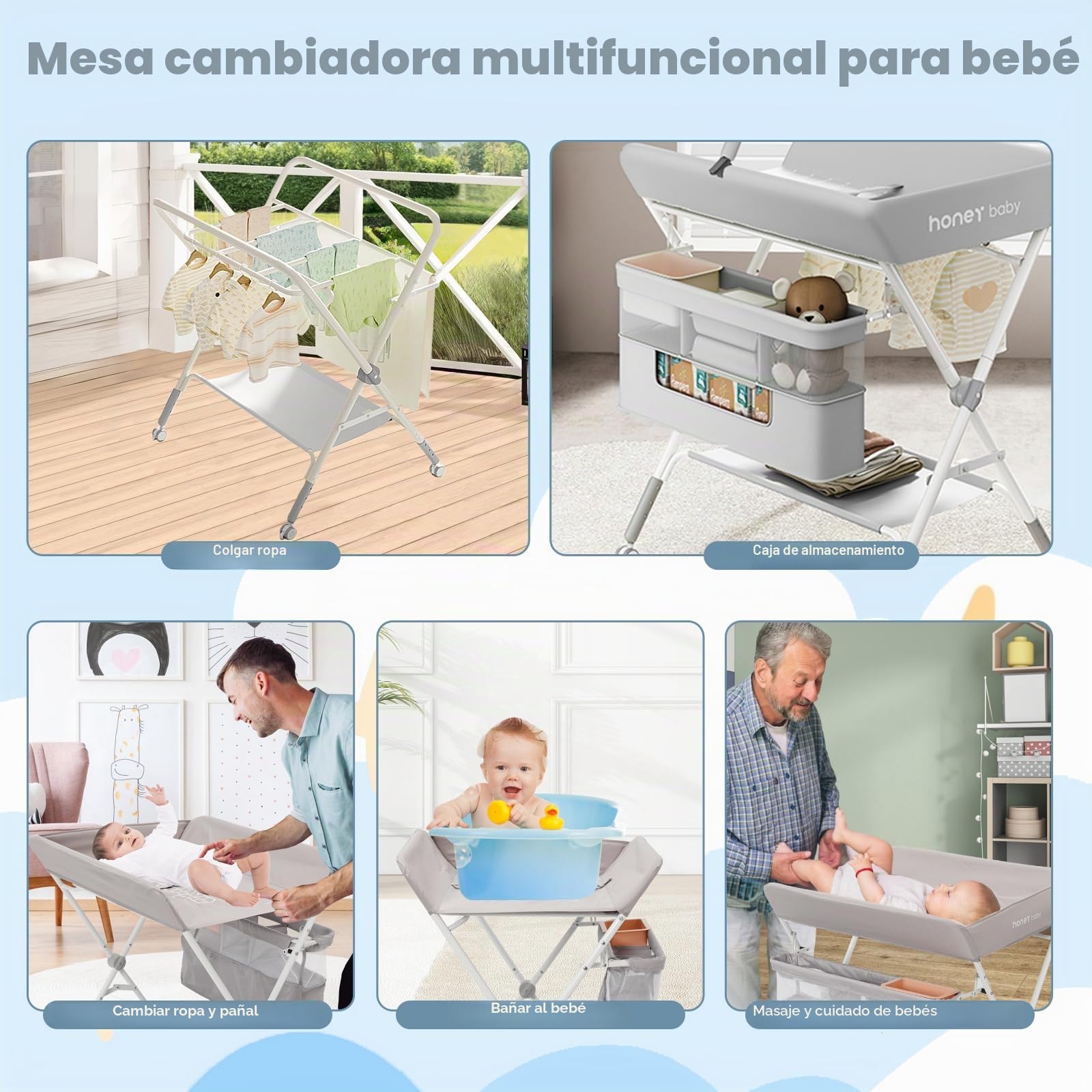 Cambiador plegable para bebé con patas de altura ajustable y ruedas bloqueables | Cambiador portátil antivuelco con almacenamiento para recién nacidos de 0 a 12 meses (gris)