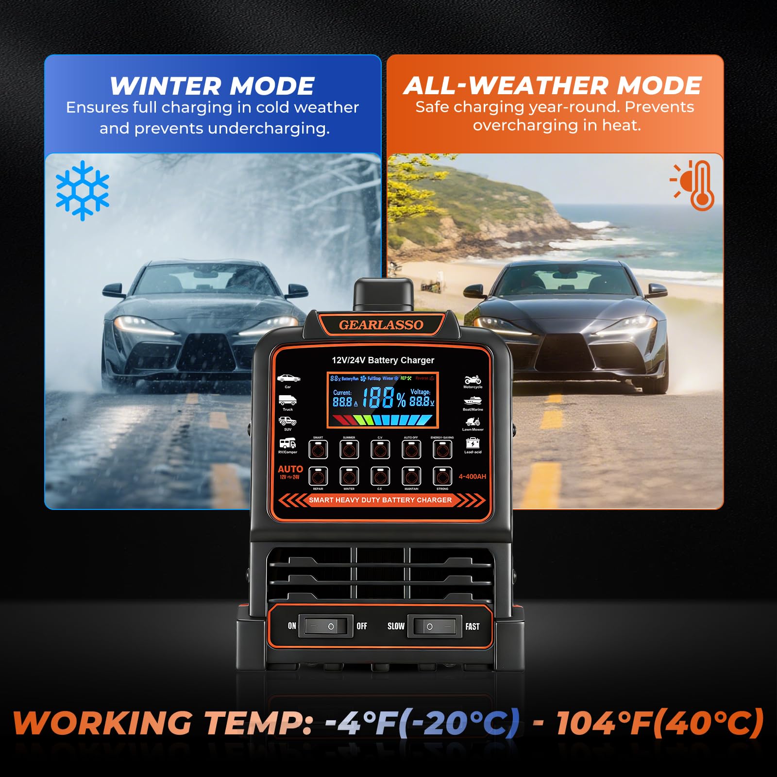 Chargeur de batterie de voiture 12 V 24 V très résistant, mainteneur de batterie automatique 0-15 A avec 10 modes, y compris les arrêts automatiques, la réparation, l'hiver, chargeur
