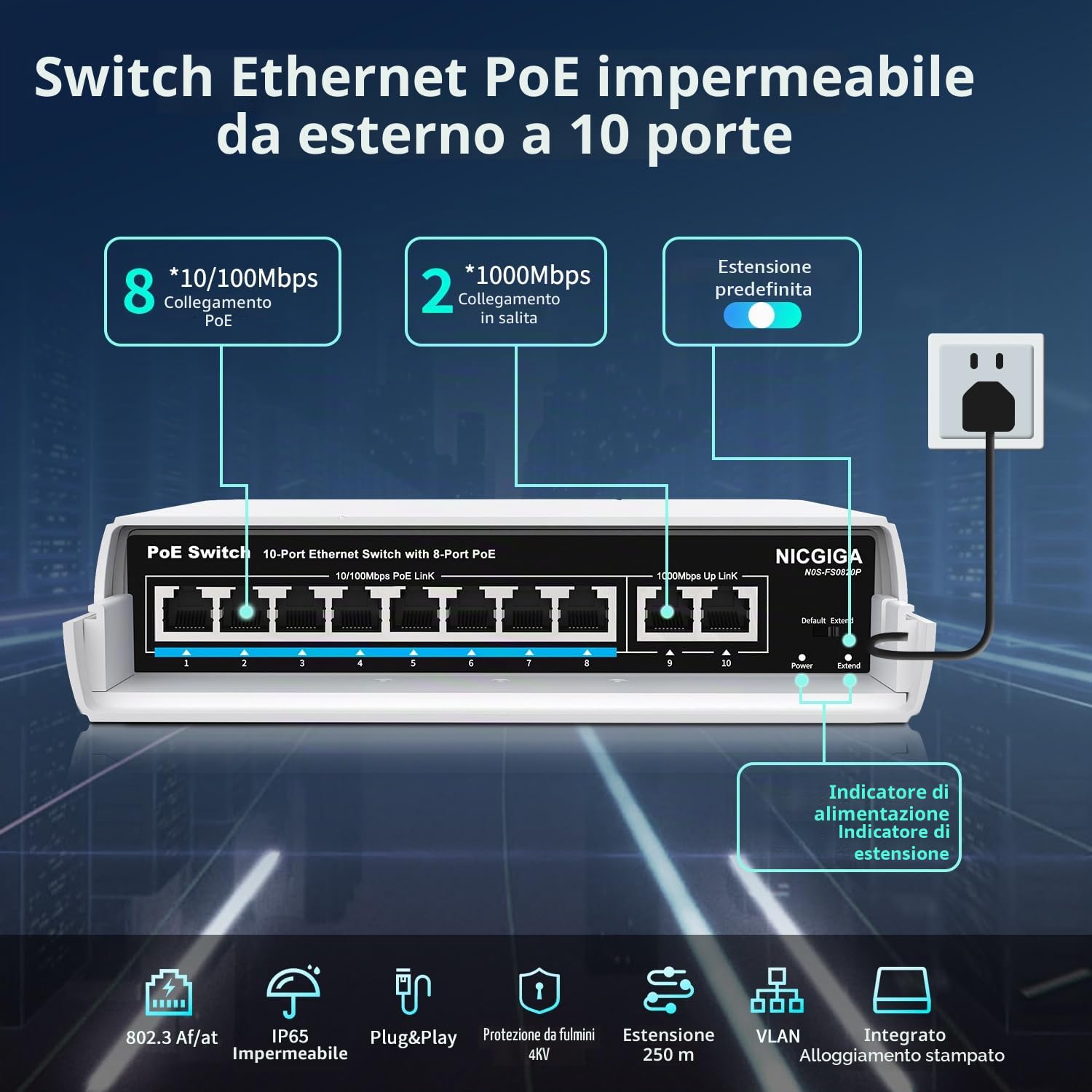 Switch PoE 8 porte impermeabile con 8 porte PoE+@120W + porta uplink Gigabit, NICGIGA Outdoor 10 porte IEEE802.3af/at Power Over Ethernet Switch non gestito con VLAN e funzione di estensione 250m