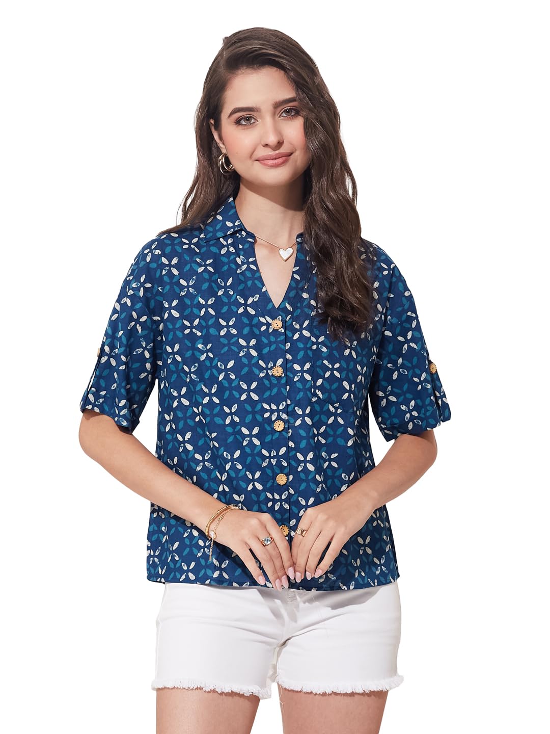 j turritopsis Women’s Cotton Modern Fit Indigo Printed Half Sleeve Button Down Casual Shirt-picture-50