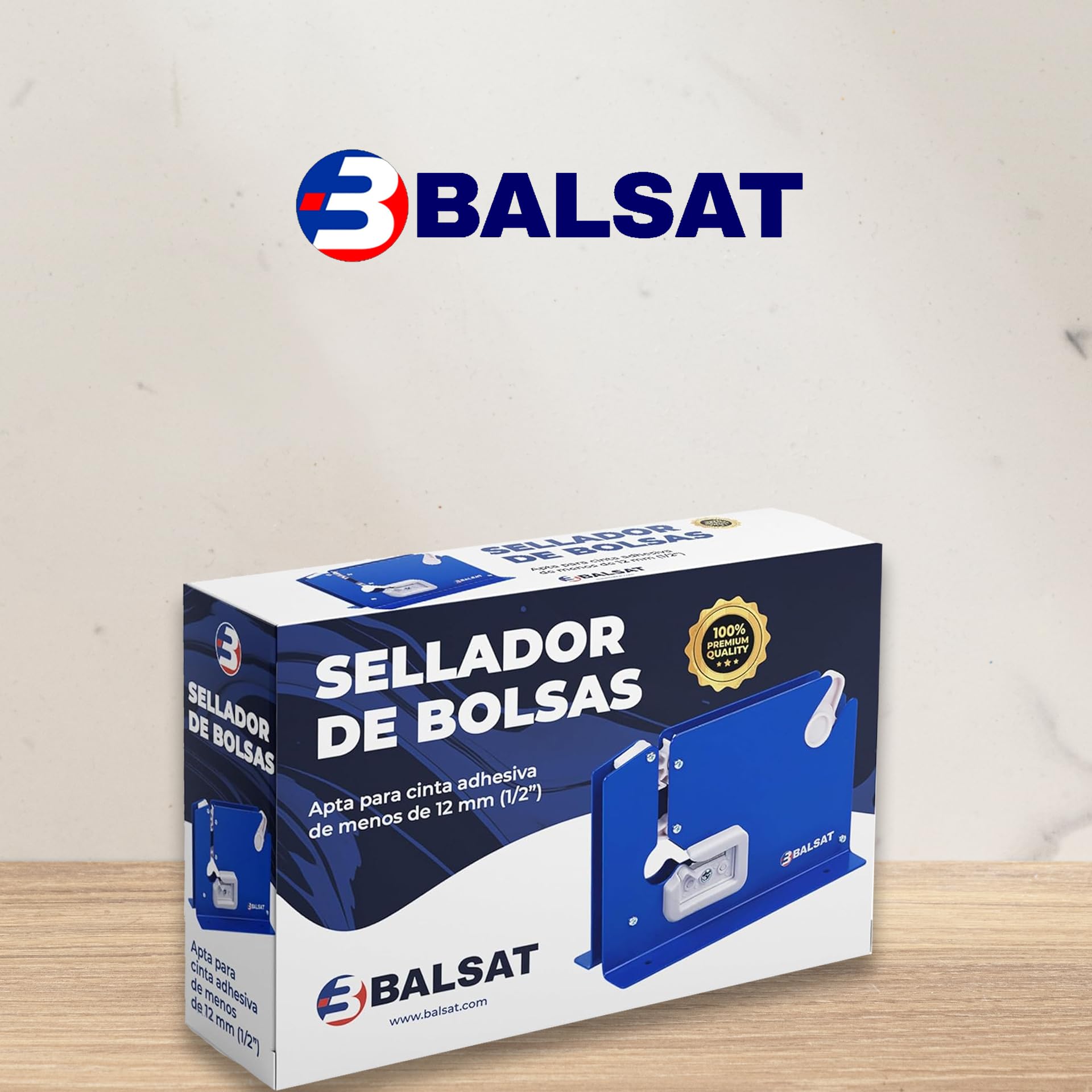 BALSAT Máquina Cierra Bolsas Precintadora de Bolsa Azul Lacada + 6 Rollos Rojos | Sellador de Bolsas de Plástico Manual | Compatible con Cintas Adhesivas de 12 mm an | Metálica, Robusta y Precisa
