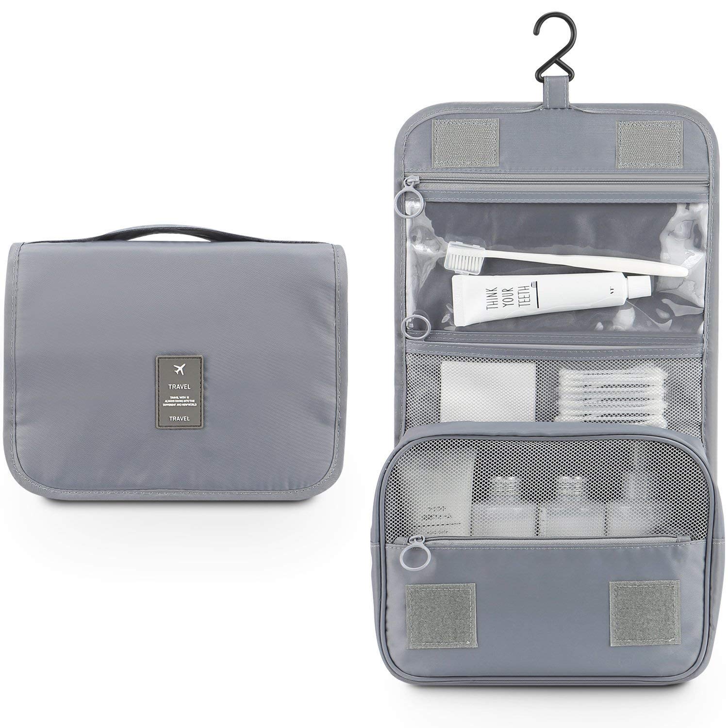Nylon Polyester Large Capacity Portable Travel Toiletry Bag with Hanging Hook Waterproof Cosmetic Case Makeup Pouch Dopp Kit for Men Women with Carry Handle (Grey)-image-29
