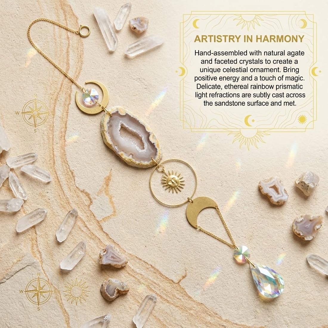 1 Acchiappasole in agata a forma di luna e sole, con effetto riflettente, adatto per finestre, camere da letto, soggiorni, balconi, giardini, feste, matrimoni
