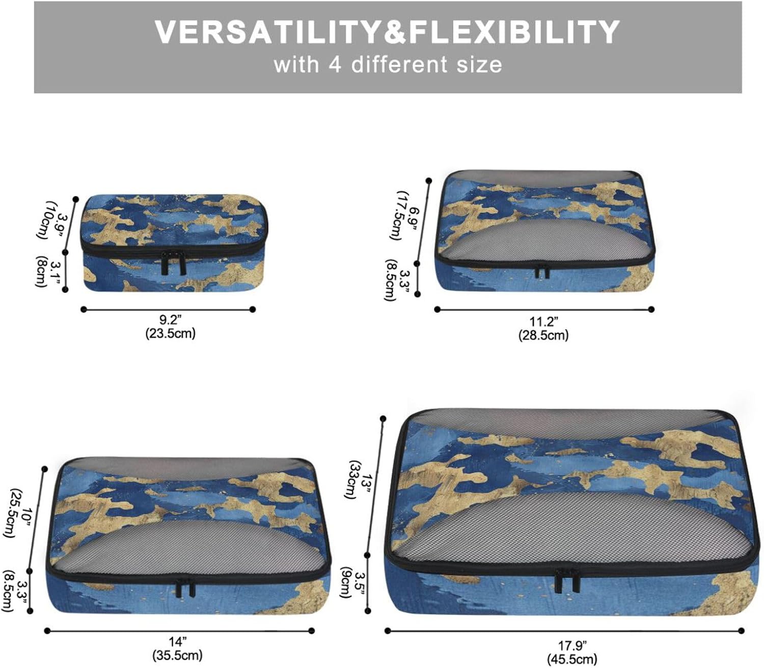 Golden Blue Pattern 4 Pcs set organizer travel case Mesh Travel Essentials expandable set packing cubes