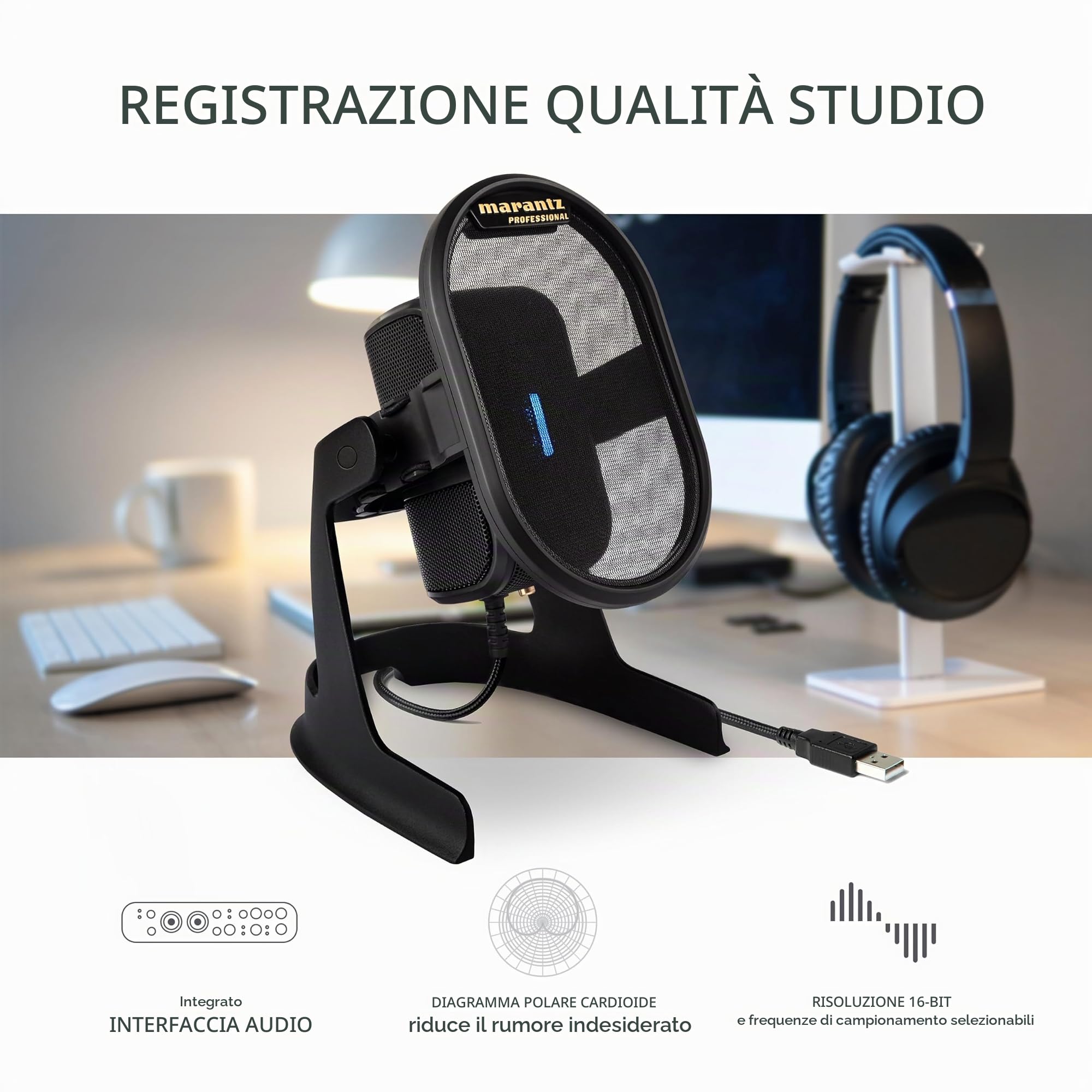 Marantz Professional Umpire – Microfono USB PC per Cattura Audio, YouTube, Streaming, Podcast e PC Gaming; Schermo Antipop, Sospensione Elastica