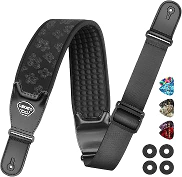 LEKATO Guitar Strap for Electric Guitar Bass, 3.5" Wide Anaglyph Embossed Floral Neoprene Padded Straps with 3D Sponge Filling Adjustable Length from 45" to 55" with Strap Locks, Picks, Black Flower