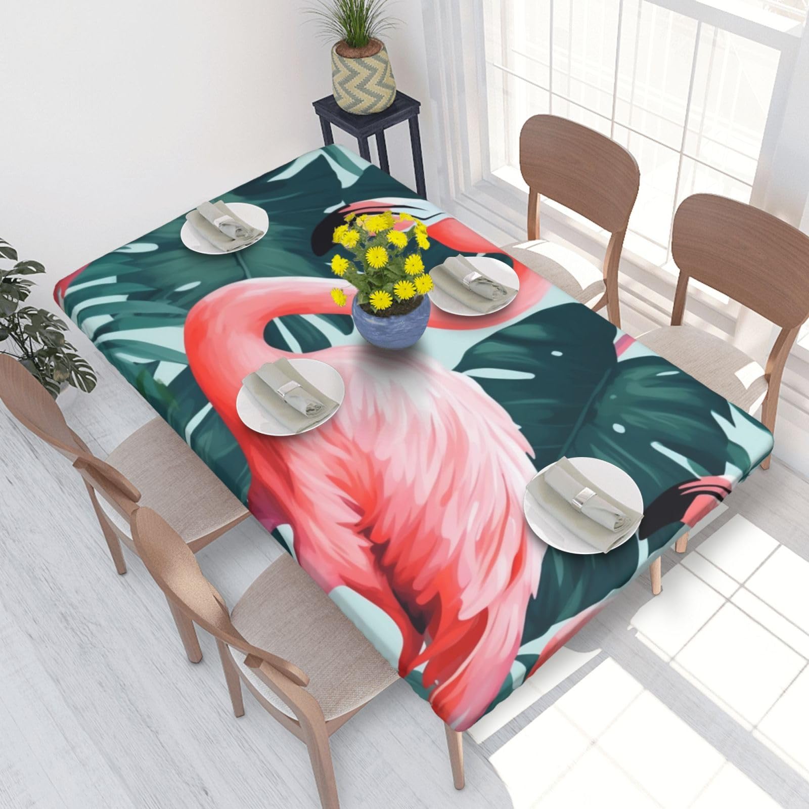 DCARSETCV Flamingo and Tropical Leaves Printed 4FT Waterproof Tablecloth with Elastic Edged Protect & Decor Your Table, Oil-proof Washable Table Cloth Cover for Dinner Picnic Party