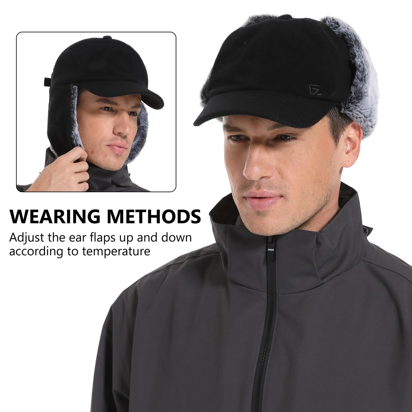 GADIEMKENSD Casquette de Baseball en Laine d'hiver Unisexe avec Rabats d'oreille doublés de Fausse Fourrure Chapeau de Trappeur avec Ligne réfléchissante