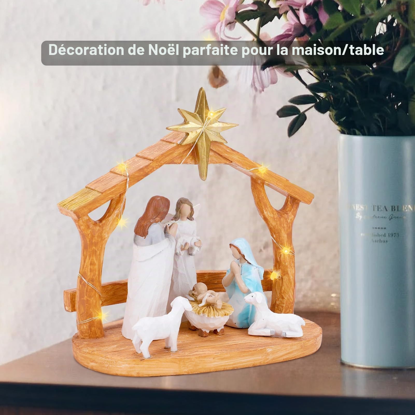Crèche de Noël avec lumières LED – Crèche d'intérieur avec mangeoire, figurines et histoire – Décorations de Noël festives