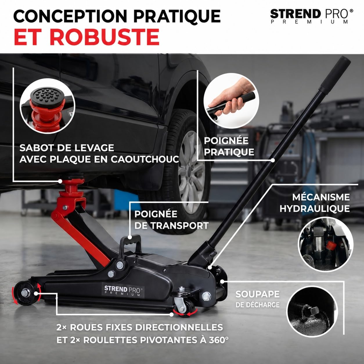 STREND PRO Premium Cric rouleur hydraulique 2,5 t, Profil Bas, Hauteur 80-360 mm, sur roulettes avec Adaptateur en Caoutchouc pour Voiture