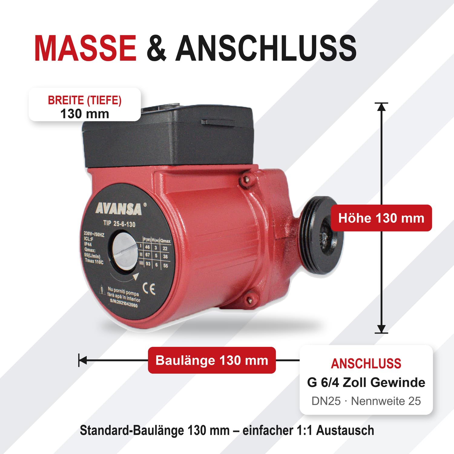 AVANSA 25-6/130 Pompa obiegowa CO 230 V – DN25 1½ cala, długość 130 mm – 6 m podnoszenia, 55 l/min – 3 biegi 46/67/93 W – wirnik mokry