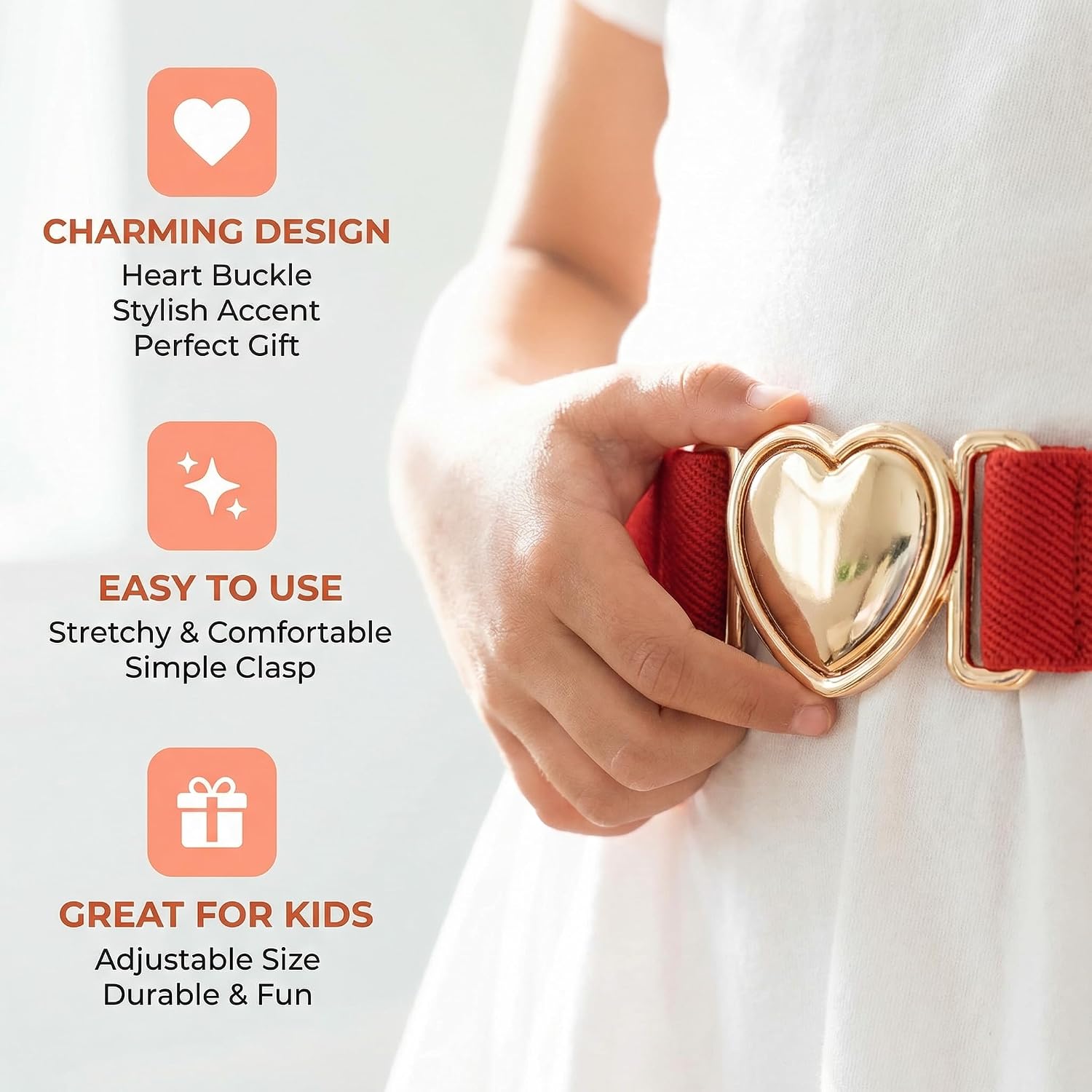 5PCS Girls Elastic Waist Belt with Heart-Shaped Metal Buckle, Adjustable Belts for Kids Size 15-30", Perfect for Pants, Jeans, and Dresses