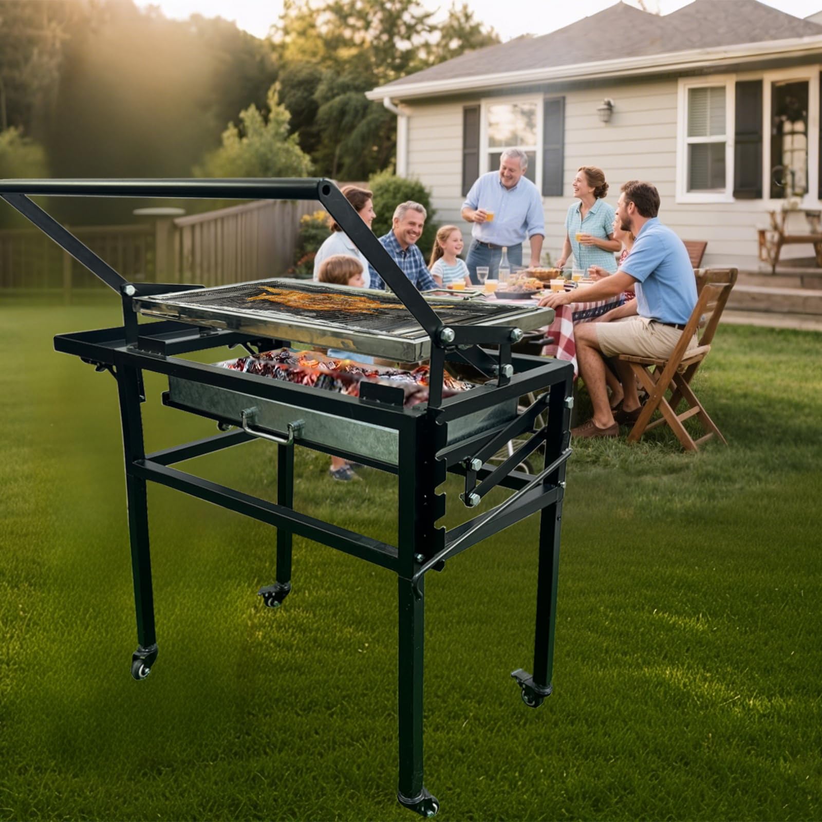 Parrilla portátil de carbón para barbacoa, barbacoa giratoria de 360° con rejilla de cocina de acero inoxidable y bandeja de carbón ajustable para camping, picnic, patio y fiestas en el jardín