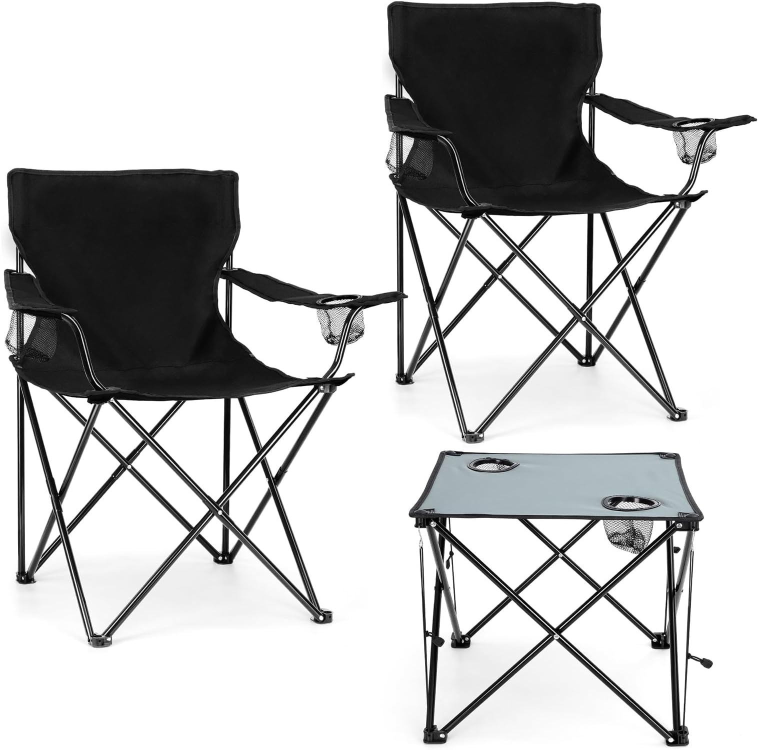 2 Pack Camping Chairs for Adults, Lawn Chairs with Table, Heavy Duty Folding Chairs for Outside Oversized & Comfy Sports Chair for Adults Fishing, Beach, Patio, Hiking, Lawn, Travel - Black