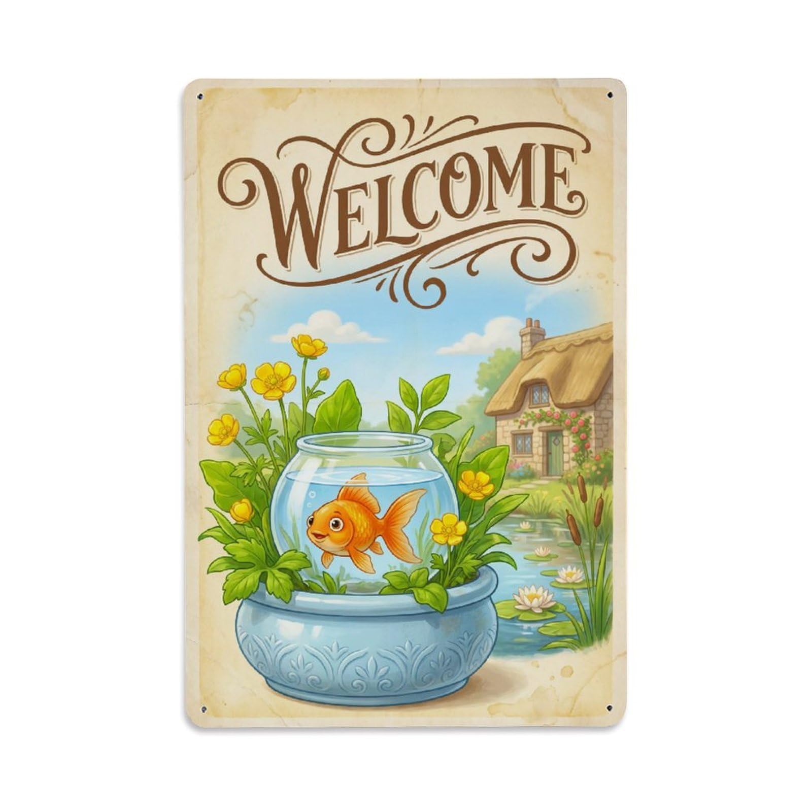 Cxhjca 8X12inch(20X30cm) Vintage Welcome Goldfish Garden Party Metal Tin Sign