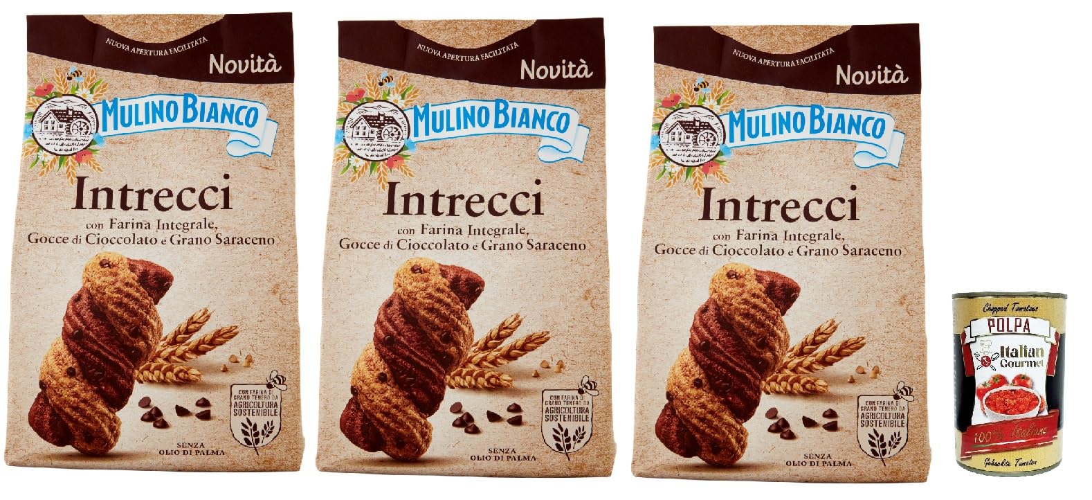 Italian Gourmet Intrecci Biscotti Vollkorn-Kekse cacao cioccolato, 3 x 300g | Con farina integrale e gocce scure; knusprig zum Morgen, ideale zu Milch, Gesamtnettogewicht 900 g + Kostenlos Polpa 400g