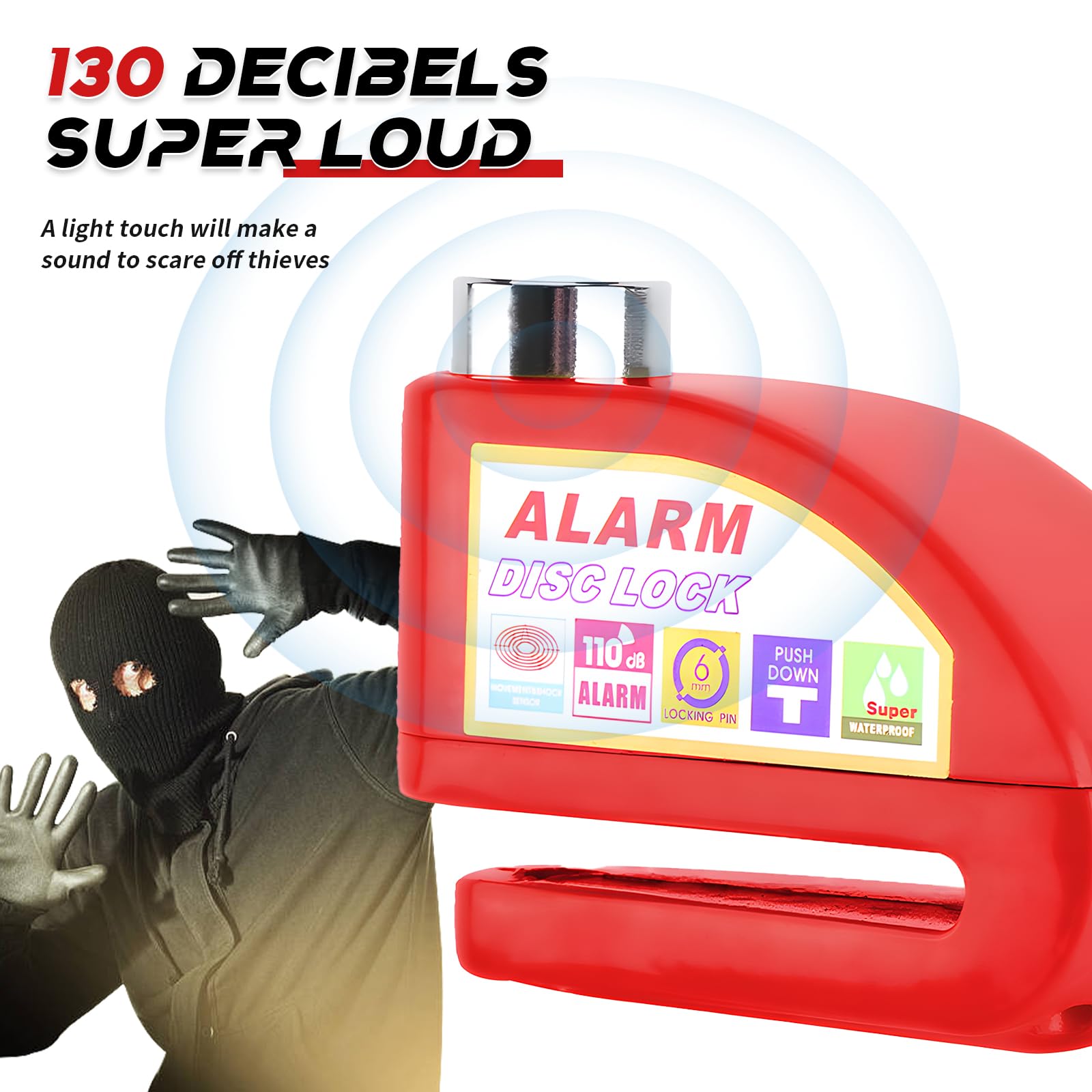 Motorcycle Alarm Disc Brake Lock - 110dB Anti-Theft Heavy Duty Disc Lock with 5ft Reminder Cable, Waterproof Motorbike Wheel Lock for Scooter, Moped, Vespa, E-Bike, Dirt Bike - Red — view 6