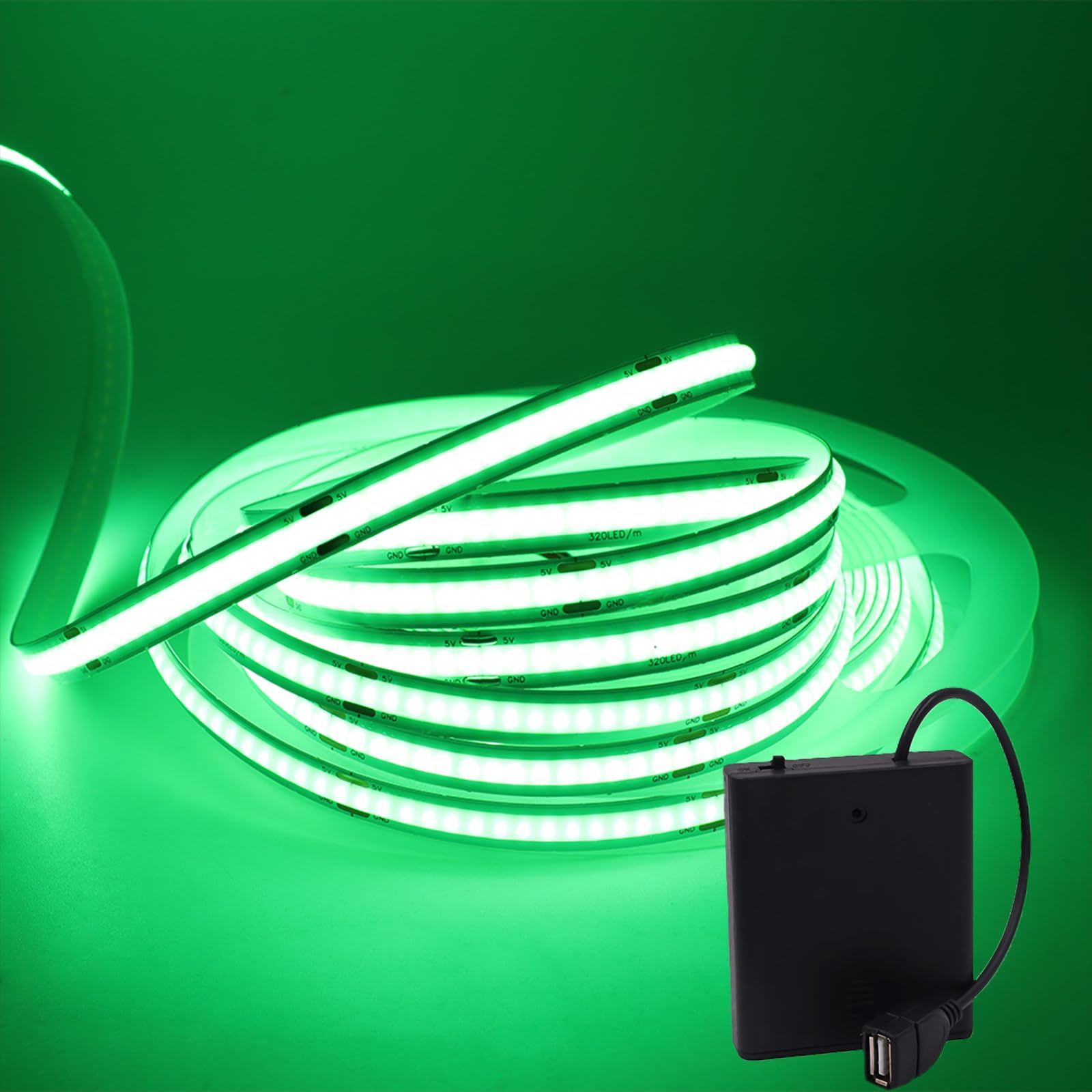MIGUDA COB LED Strip Light, Ultra-Bright Self-Adhesive Tape, 320 LEDs/m Flexible LED Band with USB 4AA Battery Box for Christmas Decor (Batteries not Included) (3M, Green)