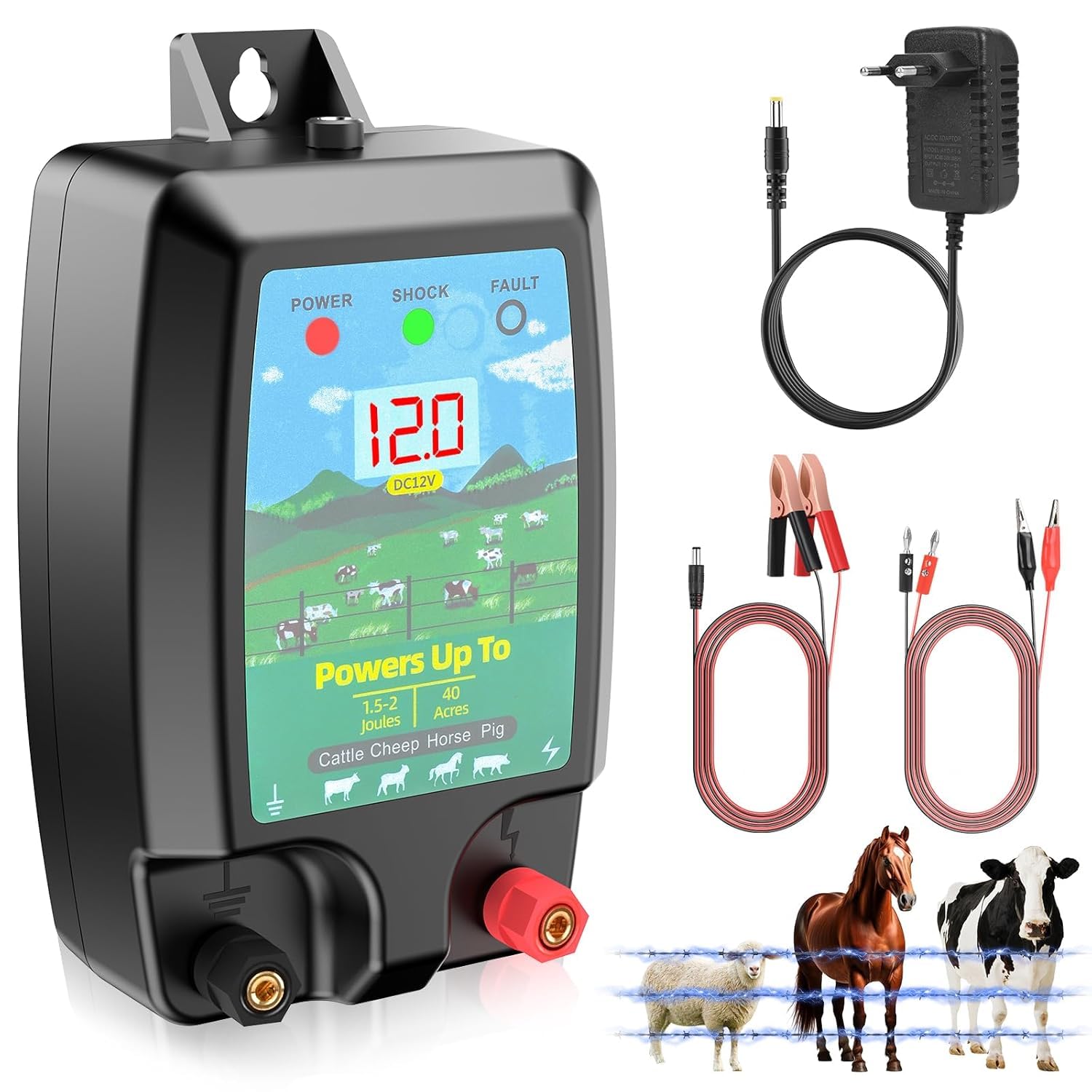 Elektrozaungerät 12KV, Weidezaungerät mit LCD-Anzeige, Elektrischer Schäferhund, 10 KM Reichweite, 2 Joule Ausgang, Wasserdicht für Nutztiere, Haustiere, Gärten und Obstplantagen