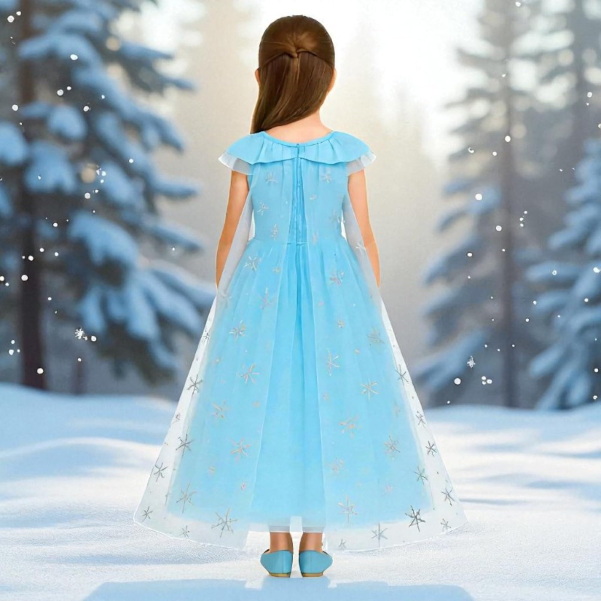 KMEXIM Forzen Elsa Girls Princess Dress Costume Set with Attached Cape, Crown, Wig, Gloves and Wand, Ice Blue, 5-Piece Accessories Complete Set Halloween Fancydress Costumes (4 Years To 5 Years) - Image 2 thumbnail