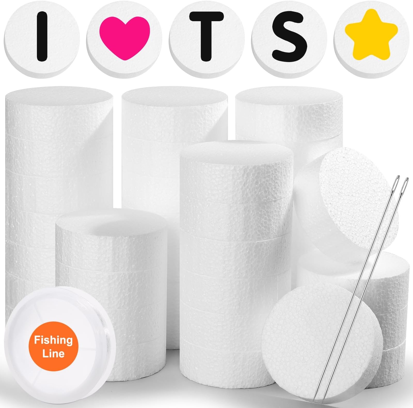 Acejoz 36Pcs Foam Circles with Fishing Line and Needle for Crafts, 3 Inch Foam Discs Round Polystyrene Circles for Friendship Bracelet Leis Birthday Decoration Classroom DIY Projects