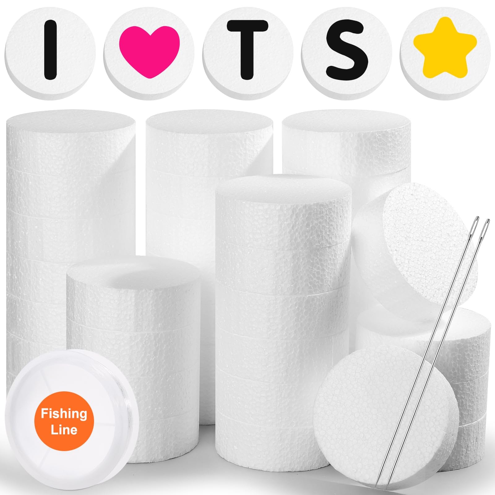 Acejoz 36Pcs Foam Circles with Fishing Line and Needle for Crafts, 3 Inch Foam Discs Round Polystyrene Circles for Friendship Bracelet Leis Birthday Decoration Classroom DIY Projects