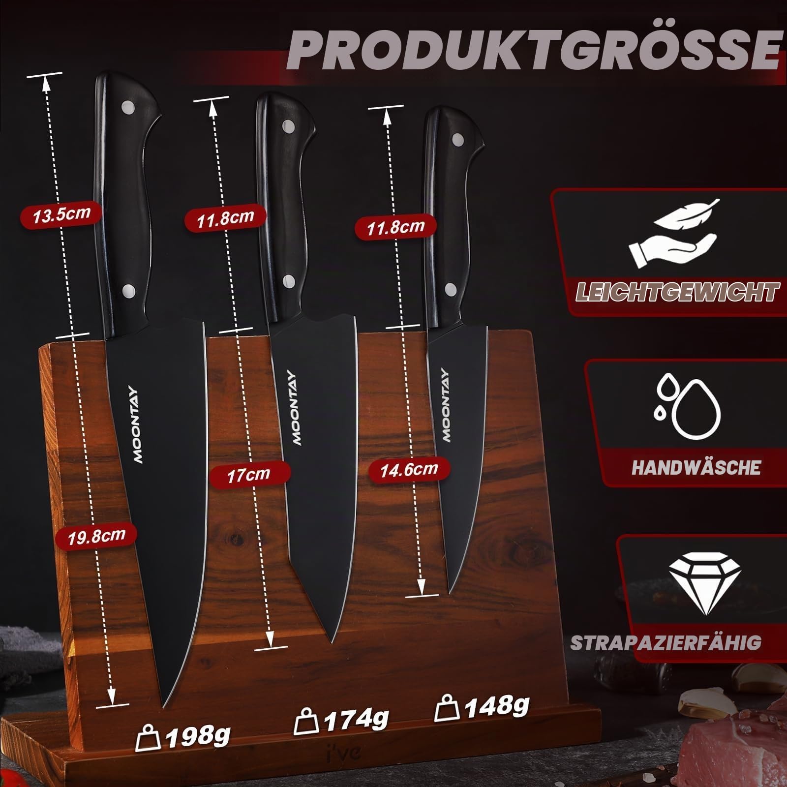 Moontay 3-teiliges Küchenmesser-Set mit Geschenkbox - Kochmesser, Santoku & Universalmesser - Aus rostfreiem Edelstahl mit rutschfestem Griff - Rasiermesserscharfe Messer zum Kochen - Geschenkidee