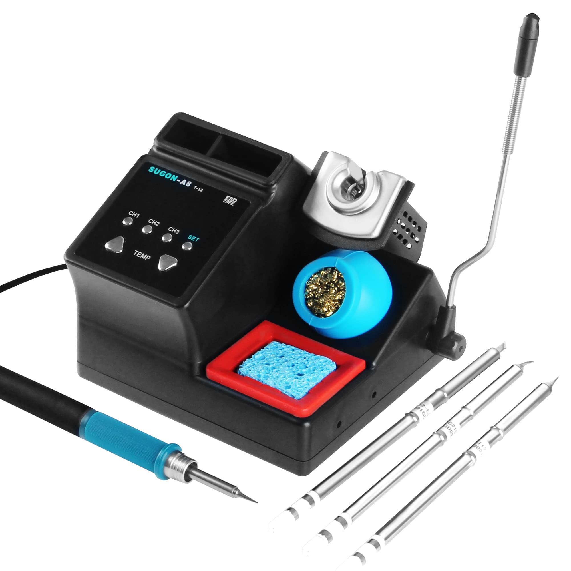 SUGON A8 Soldering Iron Station Kit 4 Seconds Rapid Temperature Rise 716°F, 75W Digital Soldering iron Station, 3 Temperature Memory Storage, 392°F-842°F, ℃/°F, 3 Soldering Iron Tips, Auto sleep, LCD