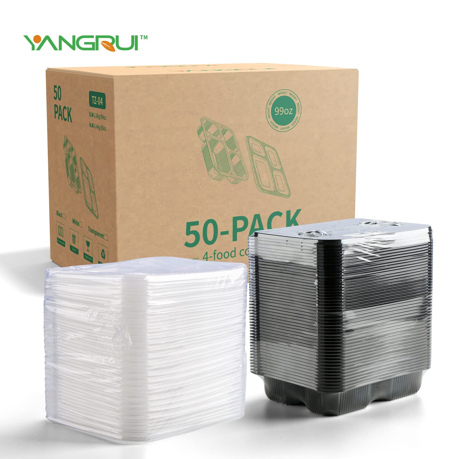 YANGRUI To Go Containers, 50 Pack ( 50 Trays + 50 Lids ) 34 ounces BPA Free Reusable Bento Box Clean Film Package Machine Washable Meal Prep Container