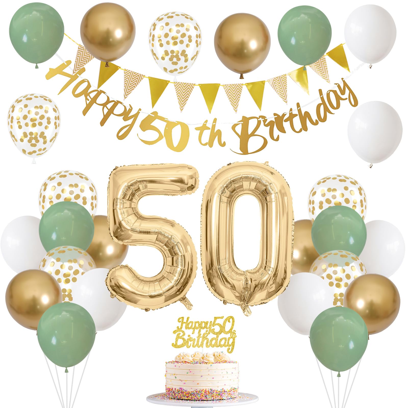 50th Birthday Decorations for Men Women, Sage Green White Gold Balloons with 50th Banner Number 50 Balloon for 50 Year Old Birthday Party Decor