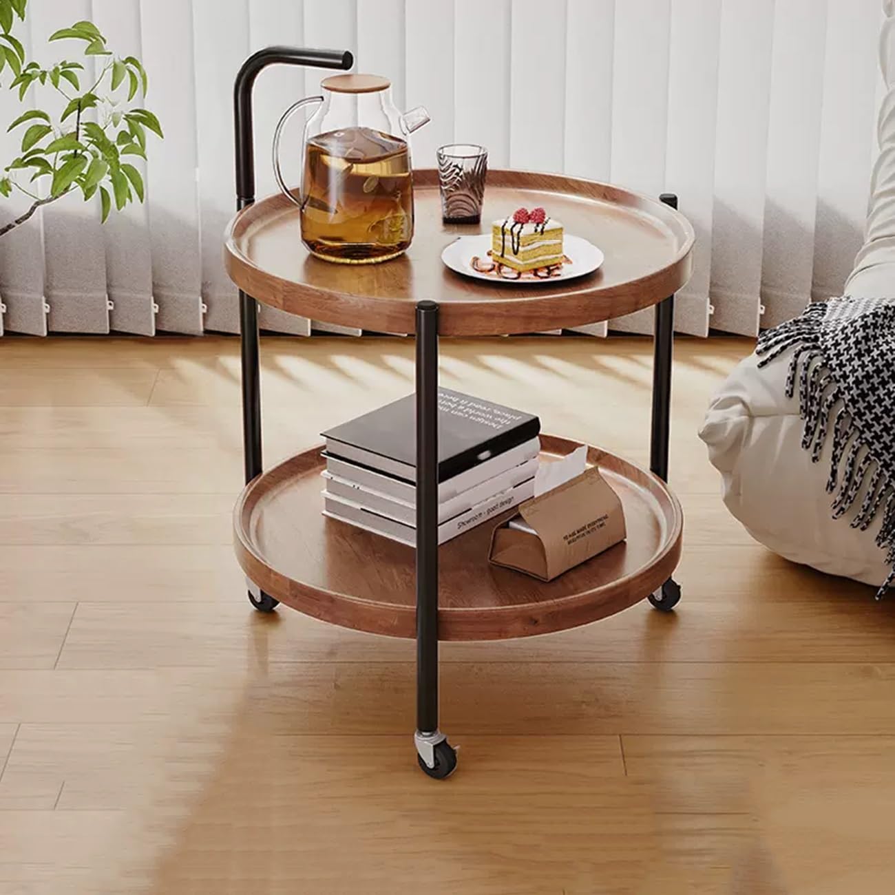 Brązowy okrągły stolik kawowy na kółkach 2-poziomowy wózek do salonu i kuchni mała sofa / meble nocne 50 cm przenośna konstrukcja