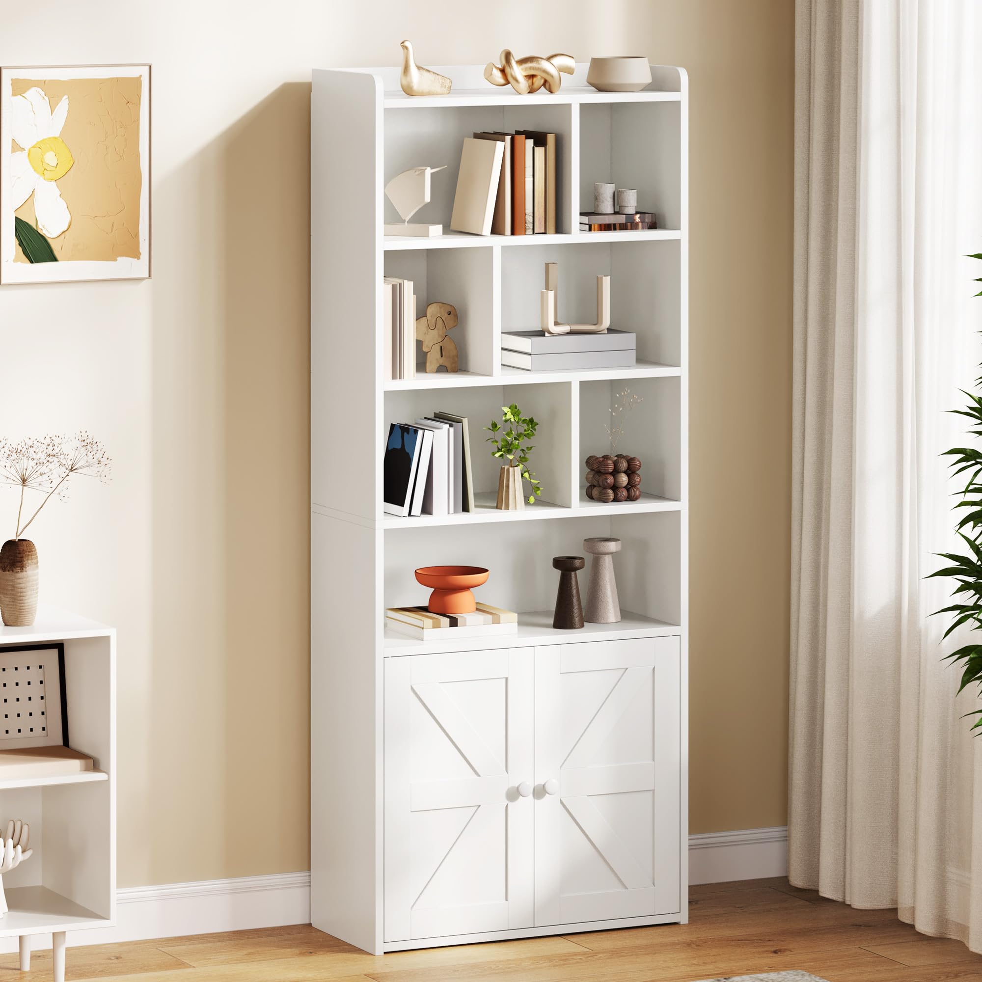 YITAHOME 4-Tier Bookcase with Doors and Cabinet, Bookshelf Floor Standing Display Storage Shelf, Top Open Compartment Book Cases for Home, Office, Living Room, Bedroom, White, 60 x 30 x 159 — image 1