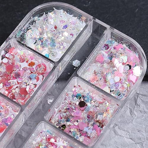 Miniatura 4 de Lentejuelas holográficas para arte de uñas, 12 rejillas, lentejuelas con purpurina láser rosa, estrellas brillantes iridiscentes mixtas con