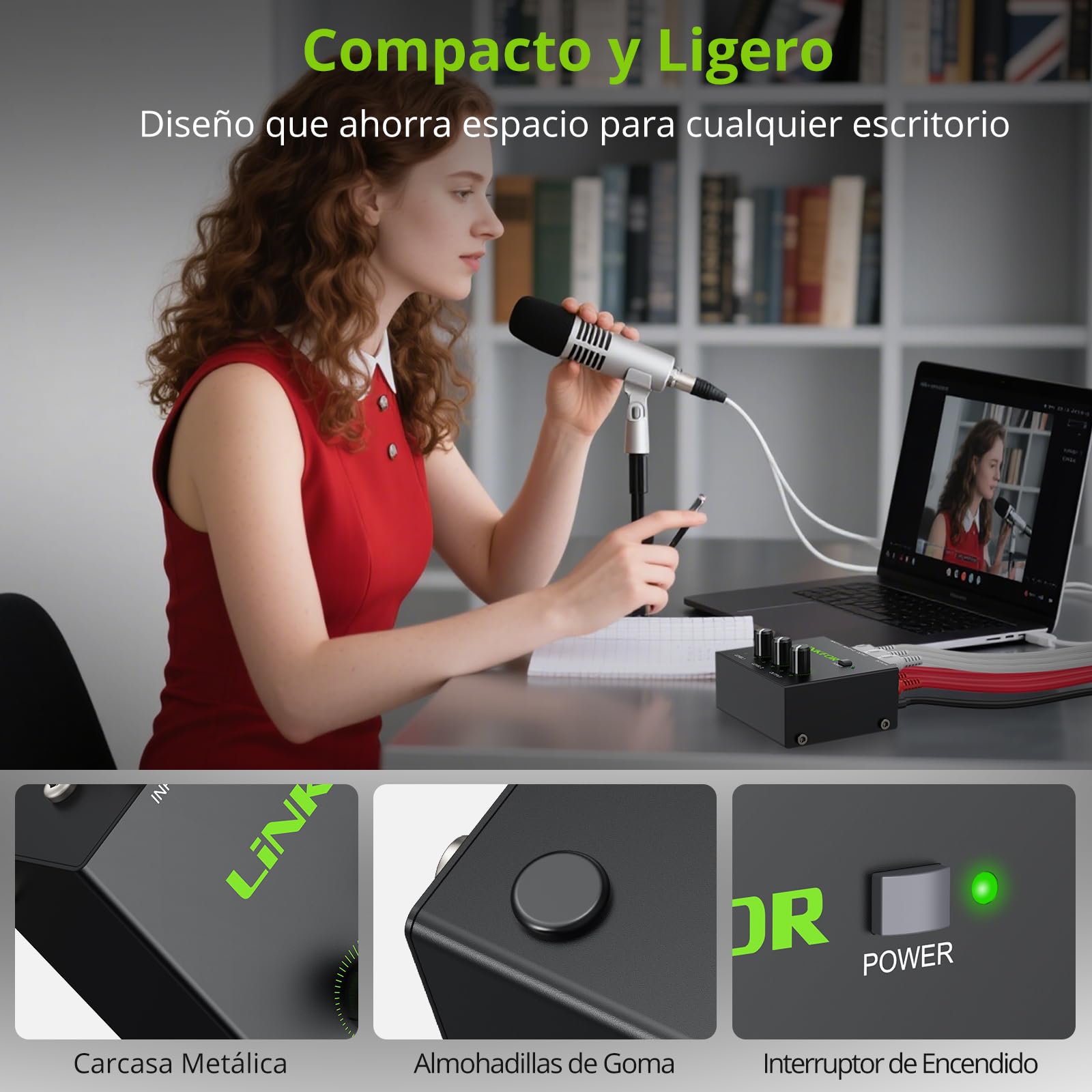 LiNKFOR Mini Mezclador de Audio RCA de 2 Canales,Mezcla de Sonido con Adaptador de Corriente Soporta Control de Volumen para PC/Altavoz/Amplificador