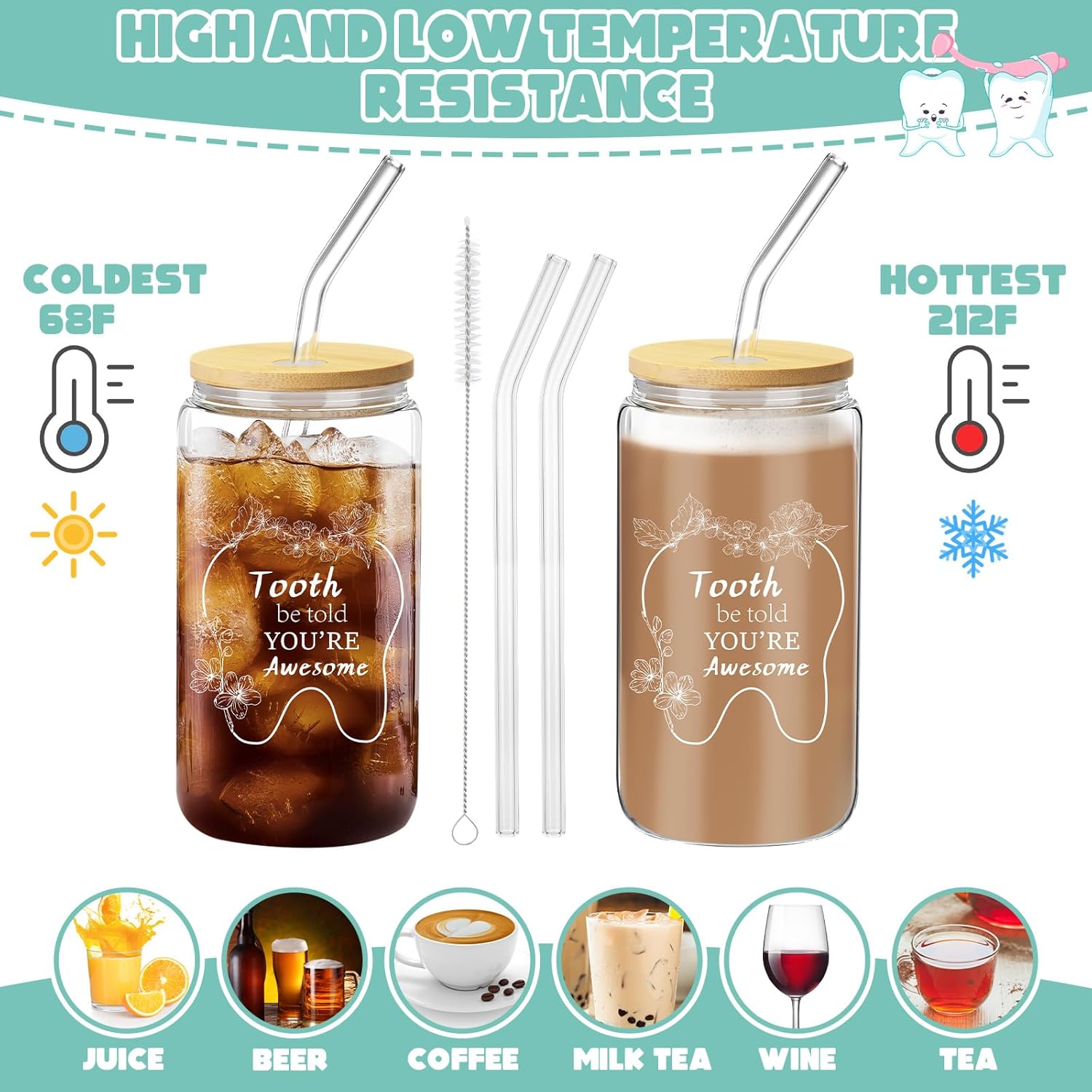 Pickmesh 6 Pcs Dental Gifts Dentist Assistant Hygienist Gifts 16 oz Glass Cups with Lid Makeup Bag Socks Badge Holder Tooth Brush Pot for Women Coworkers Doctor Nurse Christmas Accessories(Blue) - Image 7