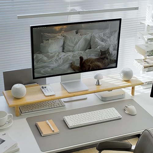 Soporte elevado de bambú para monitor dual con almacenamiento debajo, estante de escritorio ergonómico para PC, computadora, impresora, TV para el
