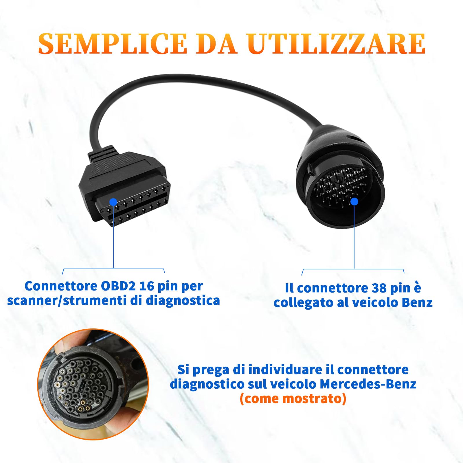 Cavo di adattatore OBDII per la diagnostica, adatto all’adattatore OBD per benz 38 Pin to 16 Pin, Obd2 Adapter Cable compatibile con il connettore mercedes 38pin Pre-2001,lavora con lo scanner ELM327
