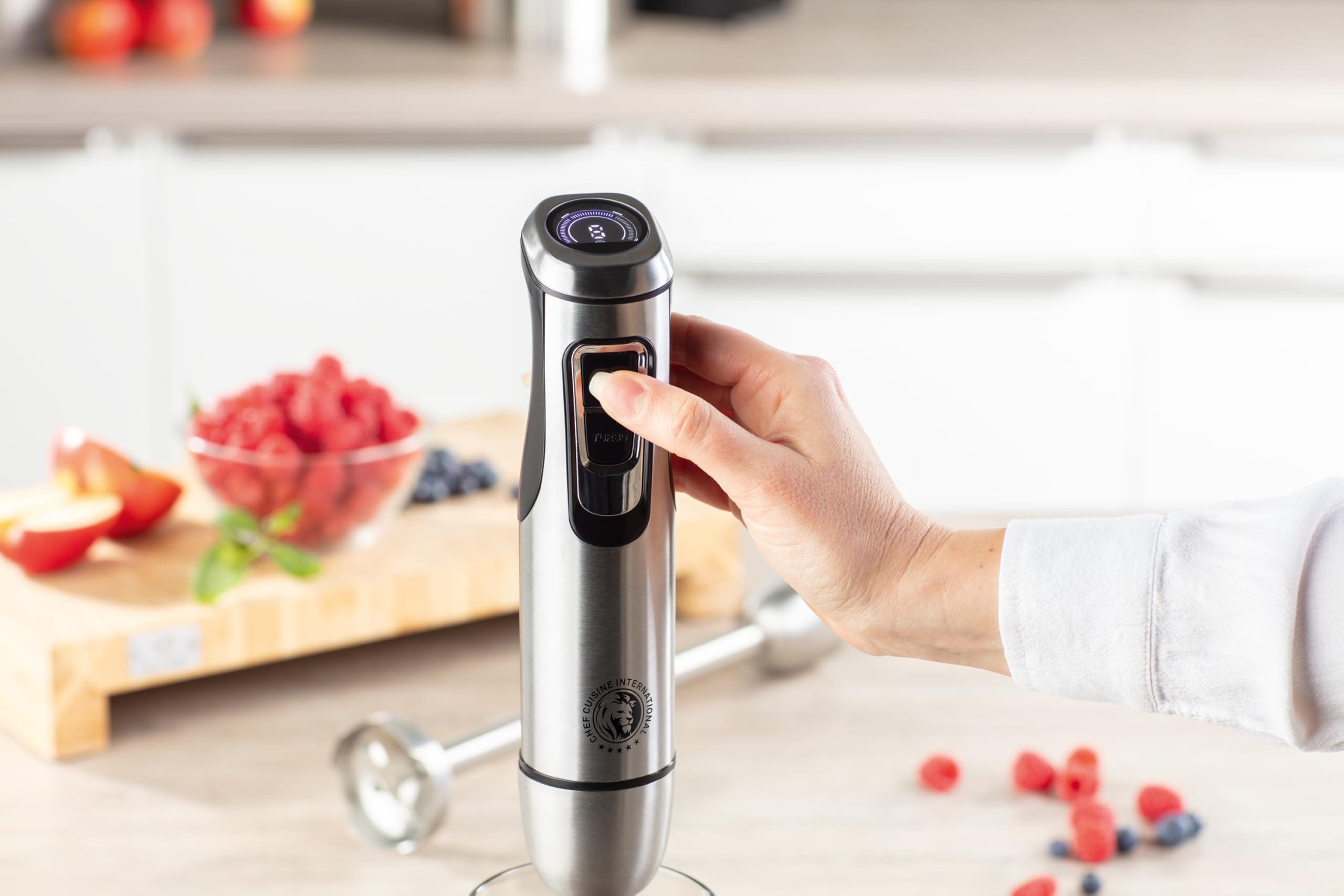 CHEF CUISINE Akku-Stabmixer, Edelstahl, 180W, 23.000 U/min, 9 Geschwindigkeitsstufen, 2x Pürierstäbe 20/30 cm, 600ml BPA-freier Mixbehälter, 2x 2600mAh Akku