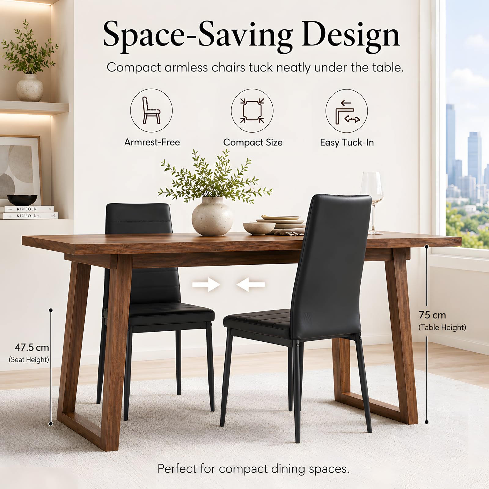 Juego de 4 Sillas de Comedor Negro Polipiel Fácil de Limpiar Silla Cocina Moderna Acolchada Patas Metal Respaldo Alto Salvaspacio Impermeable