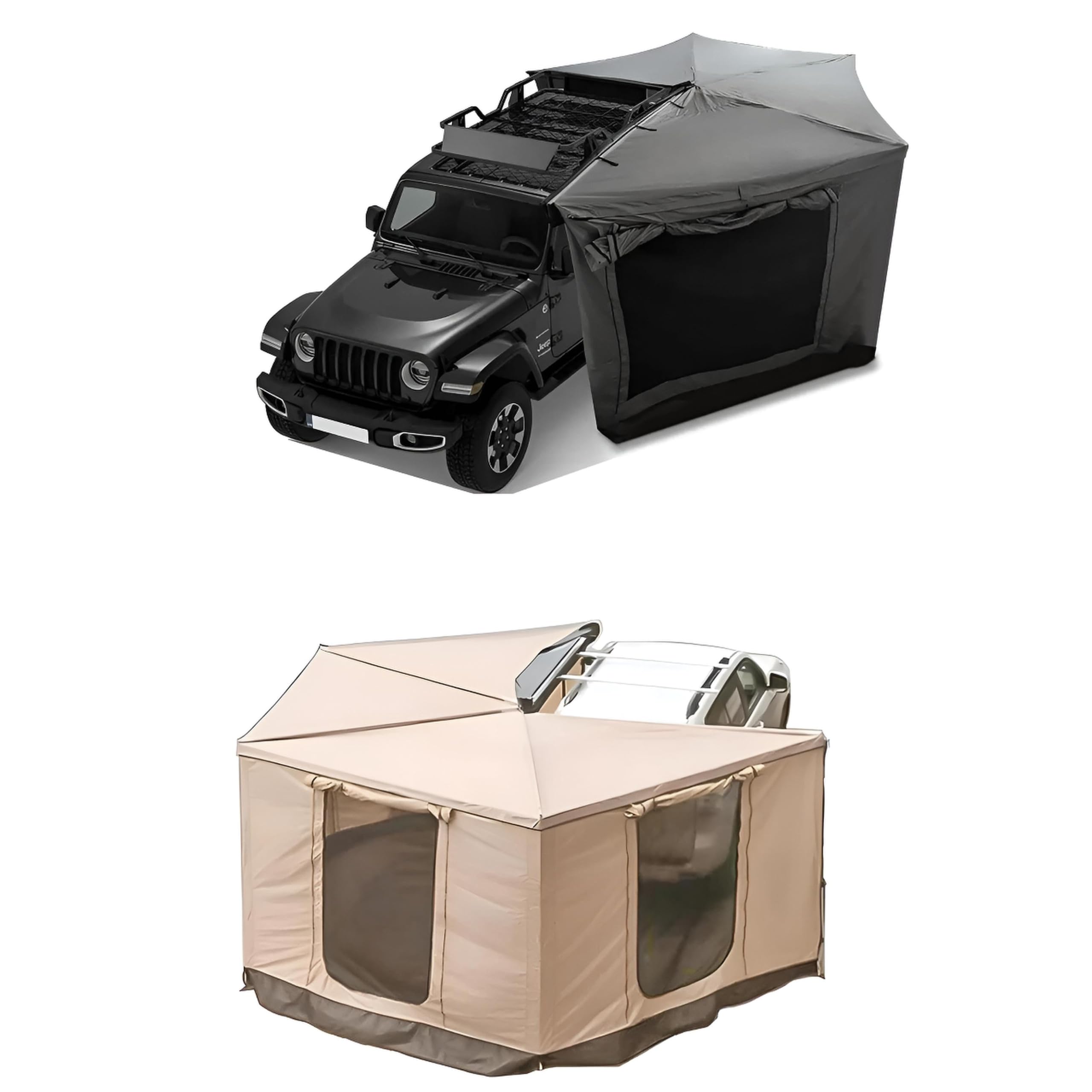 270° Markise Khaki oder Grau Automarkise/Zelt mit Vorzelt 200x200cm oder 250x200cm (Khaki, 200x200cm für die Fahrerseite)
