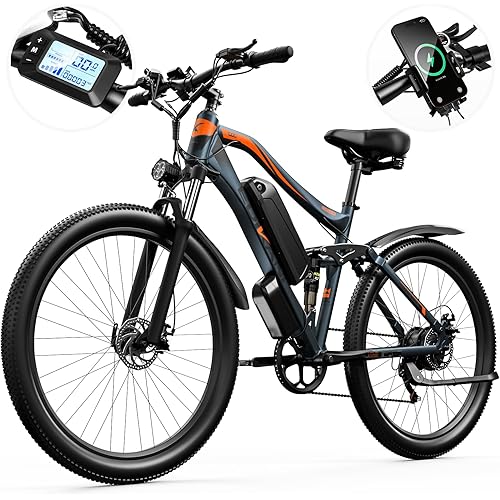 Electric Bike for Adults 32Mph Peak 1500W 17.5AH 48V 840Wh Battery 27.5" Ebike 80 Miles Electric Mountain Bicycle for Men 7 Speed Gears Full Suspension System for Commuter