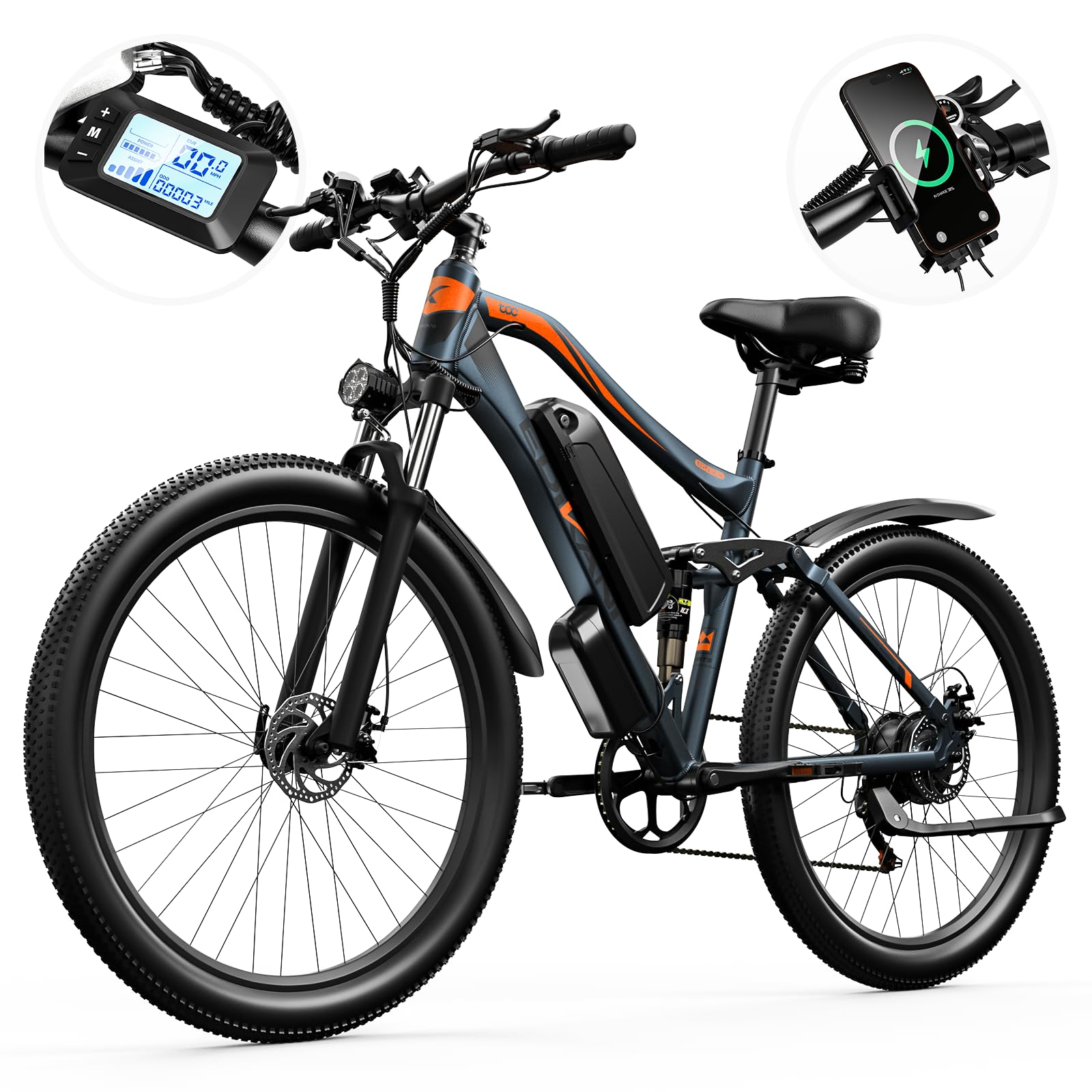 Electric Bike for Adults 32Mph Peak 1500W 17.5AH 48V 840Wh Battery 27.5" Ebike 80 Miles Electric Mountain Bicycle for Men 7 Speed Gears Full Suspension System for Commuter
