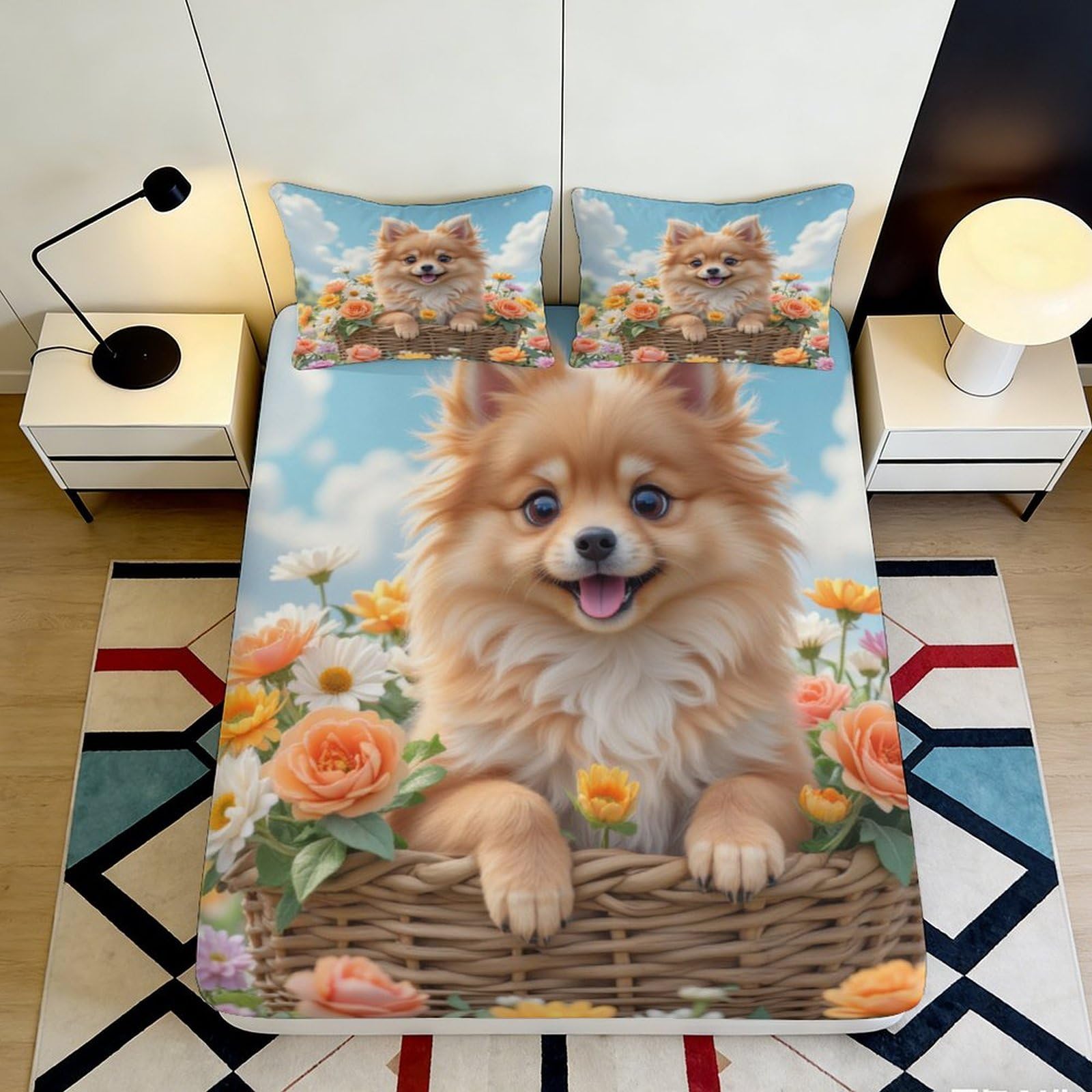 Uynsixtme Style-10 3D Printed Corgi Floral Fitted Sheet Microfiber Deep Pocket Bedroom Bedding Corgi Mattress Fitted Cover Full Wrap Washable For Adults 200X200x25cm