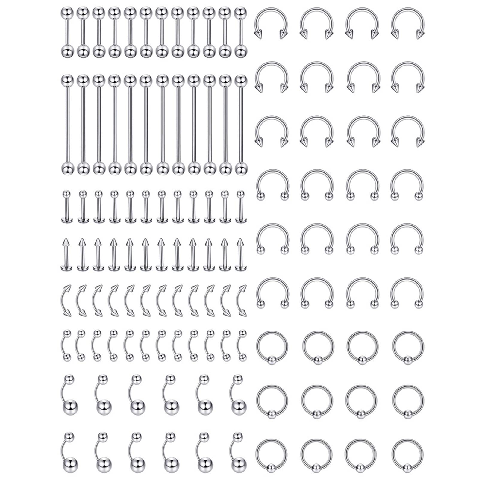 10-120 Stück Nasenpiercing Ring Edelstahl 16G 14G Nasenring Hoop Lang Stange U Form und Creolen Piercing Septum Knorpel Tragus Helix Ohrringe Set