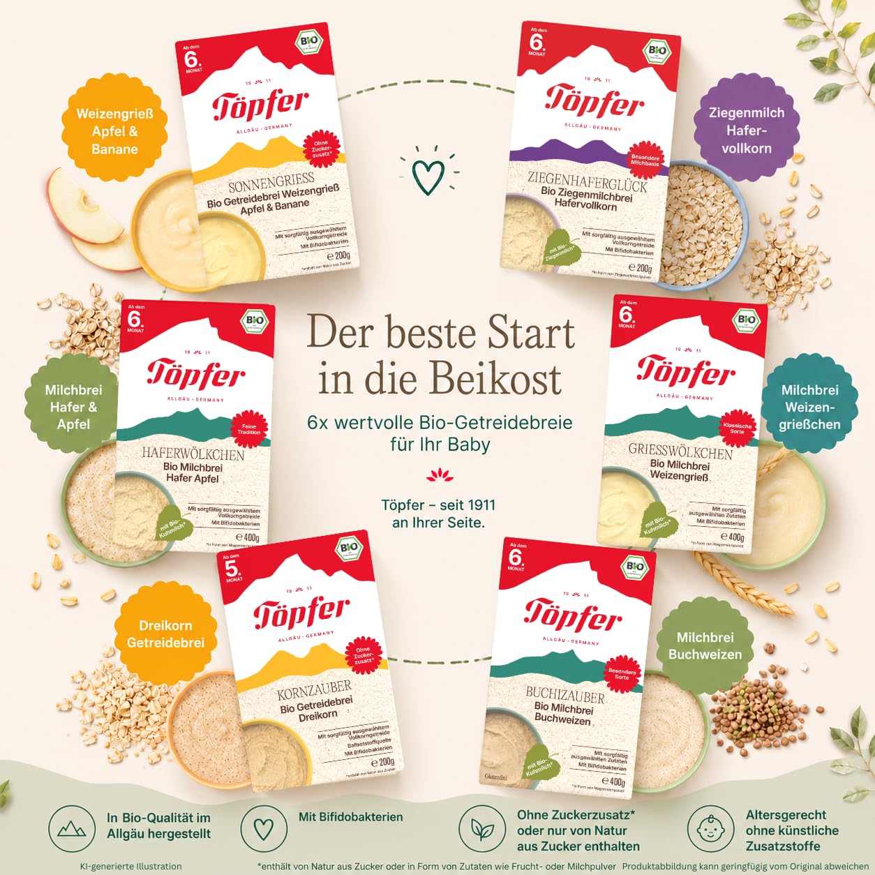 Töpfer Ziegenhaferglück Bio Ziegenmilchbrei Hafervollkorn – Babybrei ab dem 6. Monat – mit Ziegenmilch – leicht verdaulich – ohne Zuckerzusatz & ohne Aromen – 6x200g