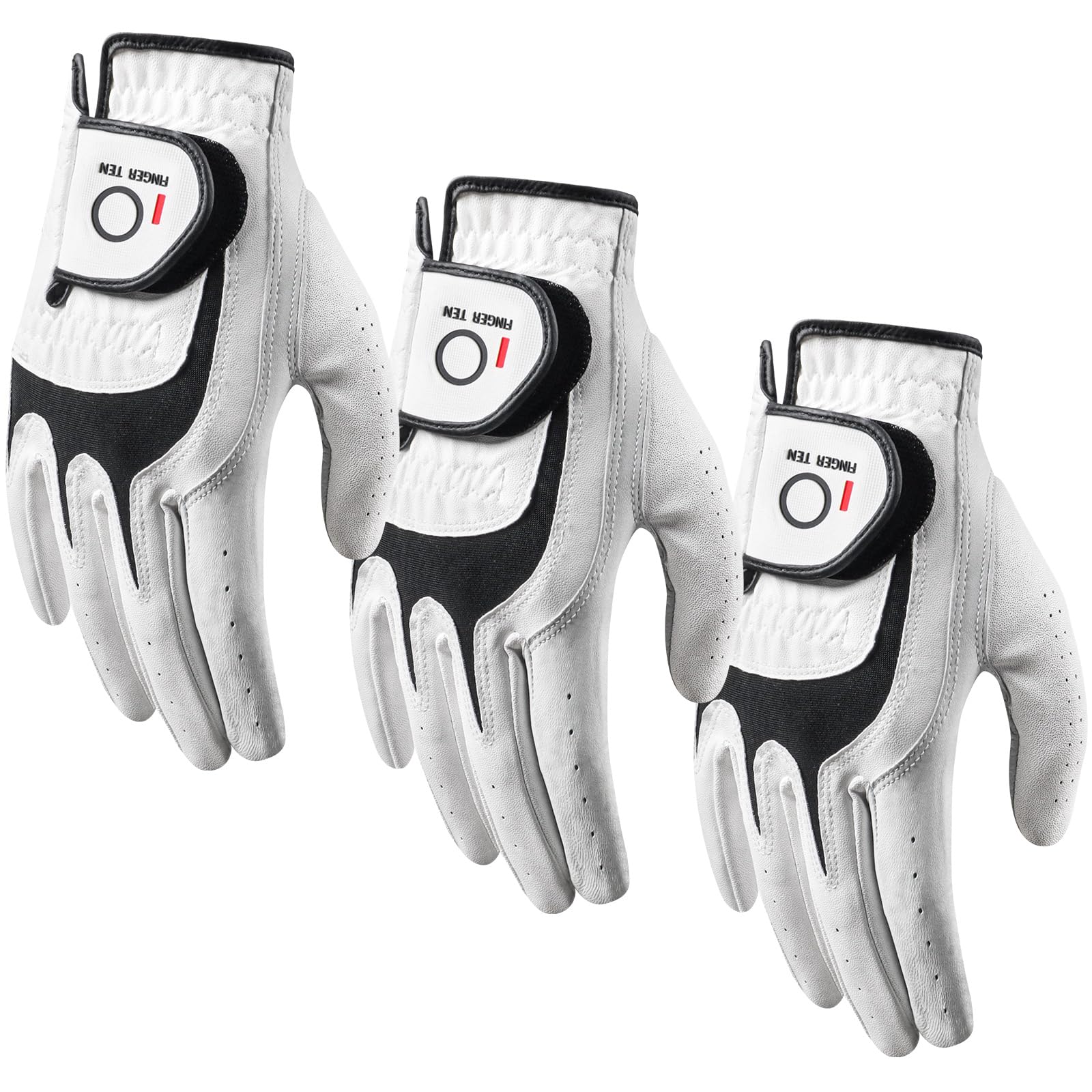 FINGER TEN Premium Cabretta Leather Golf Gloves Men 3 Pack for Right Left Handed Golfer, Comfortable Glove with All Weather Grip for Left Right Hand