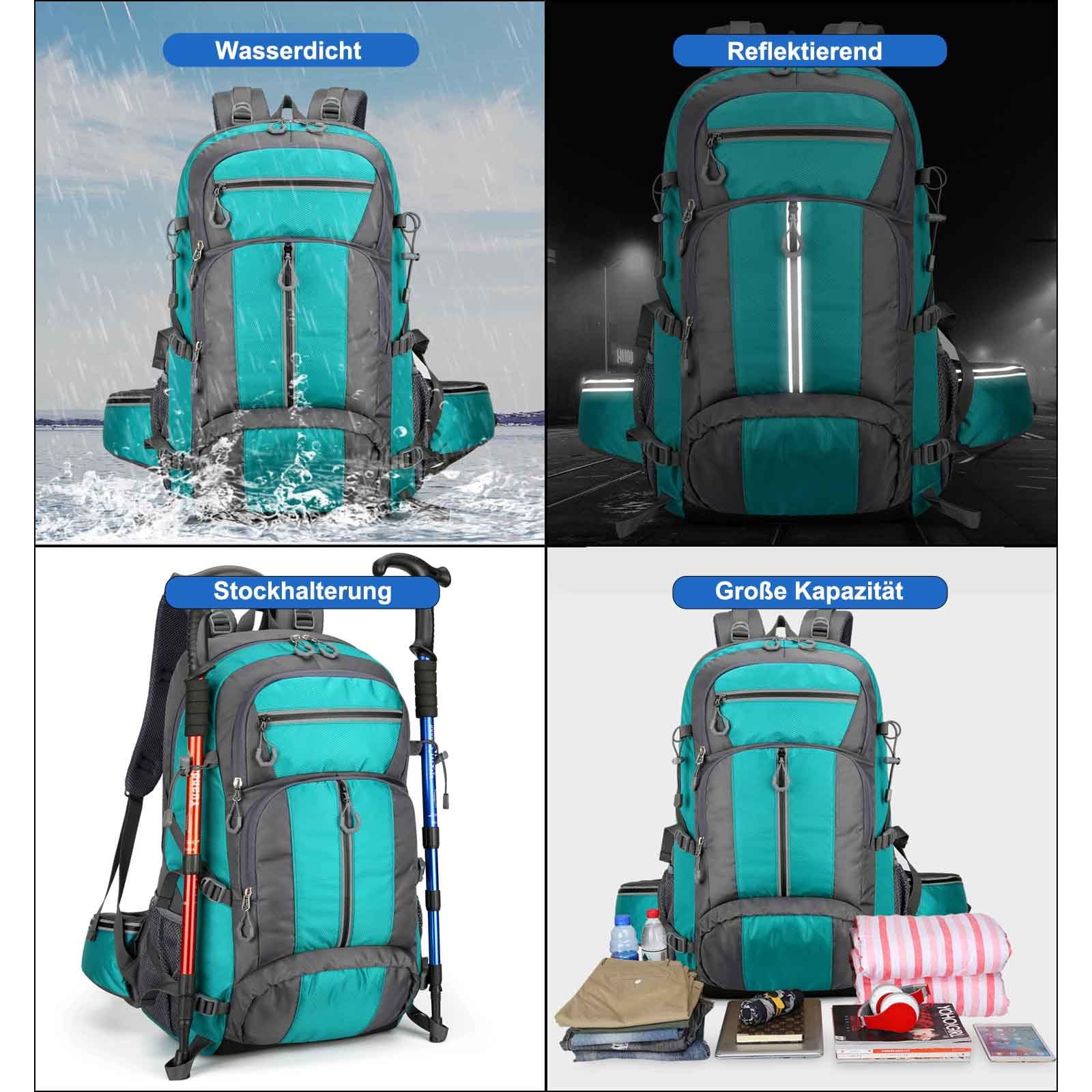 Wanderrucksack 40L Trekkingrucksack mit Schuhfach Rückenbelüftung Reiserucksack Damen Herren für Wandern Klettern Outdoor Reise Rucksack Wasserdicht Groß (Grün)