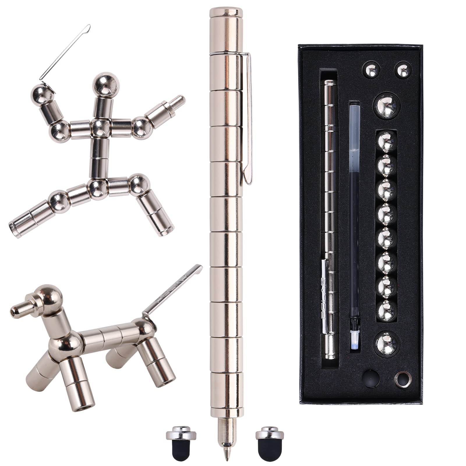 Meyerascal Fidget Pen Silver, Decompression Magnetic Metal Toy Pen, Multifunctional Deformable Magnet Writing Pen, Ballpoint Pen and Touch Pen for Office Colleague.